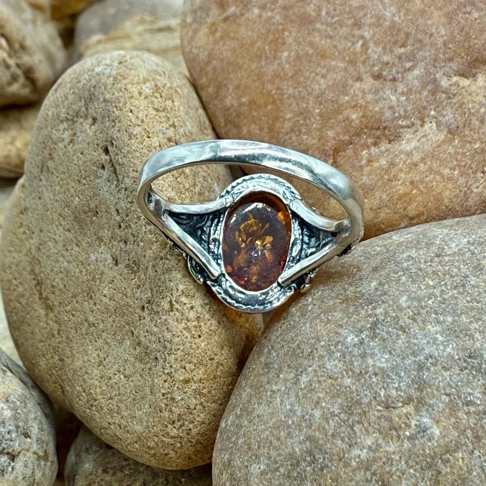Vintage Cognac Baltic Amber Sterling Silver Filigree Ring Size 6